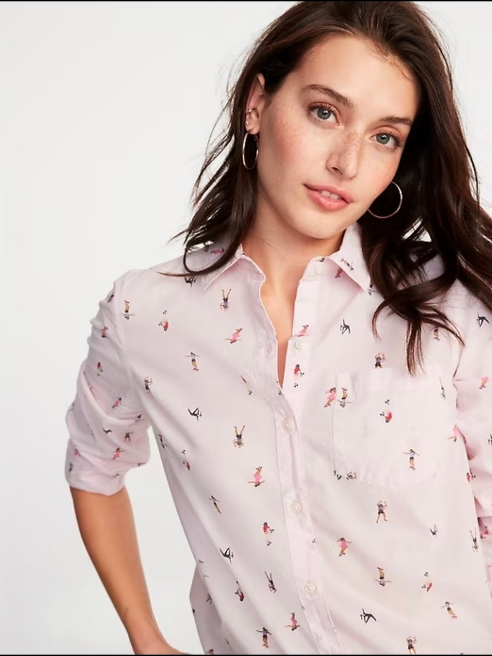 Old Navy Women's Pink Printed Button-Up Collared Long Sleeve Shirt Size L